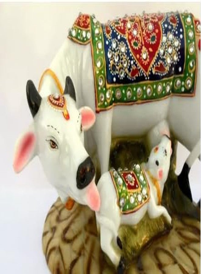 Ramashram Decorative Cow and Calf Statue for Pooja | Handicraft Home Decor Kamdhenu Cow & Calf | Vastu Gau MATA Idol with Stone Work for Home & Office (Multicolor, 5 Inch), Religious - Image 3